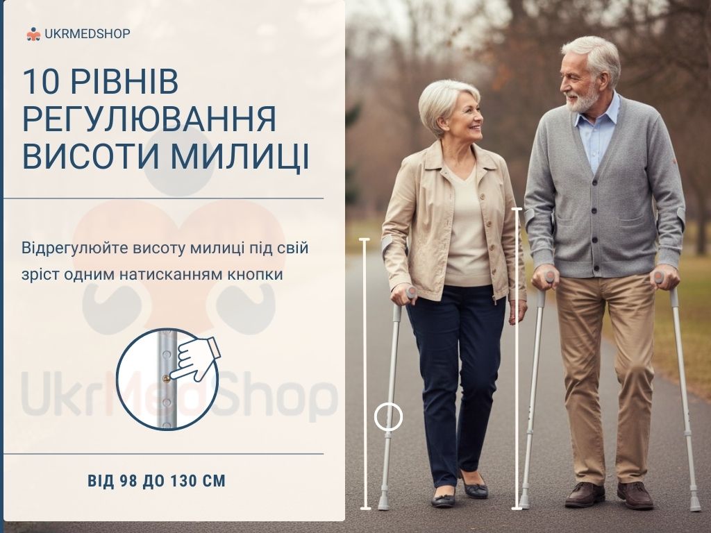 Підлокітна милиця з закритою манжетою Progress II 201700 має 10 рівнів регулювання висоти