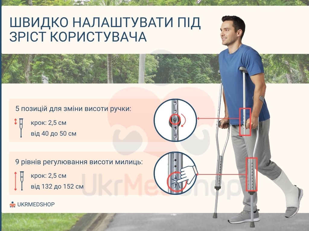 Пахвові милиці OSD-BL570201 мають 5 позицій регулювання висоти ручки та 9 позицій регулювання загальної висоти
