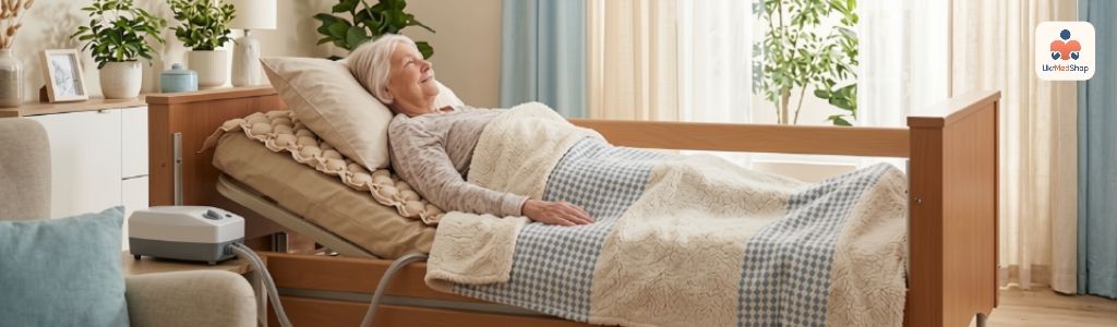 Пожилая пациентка на многофункциональной медицинской кровати с компрессорным противопролежневым матрасом OSD-B01TKS03